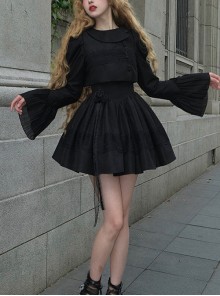 Night Traveller Series Black Asymmetrical Design Refined Round Neck Elegant Classic Lolita Loose Puff Sleeves Short Coat