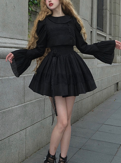 Night Traveller Series Black Asymmetrical Design Refined Round Neck Elegant Classic Lolita Loose Puff Sleeves Short Coat