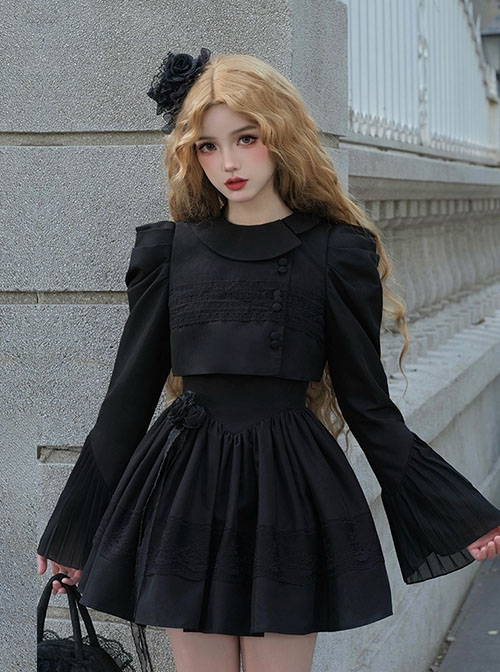 Night Traveller Series Black Asymmetrical Design Refined Round Neck Elegant Classic Lolita Loose Puff Sleeves Short Coat