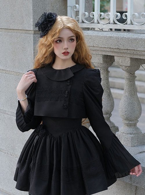 Night Traveller Series Black Asymmetrical Design Refined Round Neck Elegant Classic Lolita Loose Puff Sleeves Short Coat