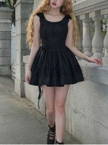 Night Traveller Series Black Round Neck Lace Ruffle Noble Stylish Classic Lolita Sleeveless Pleated Short Dress