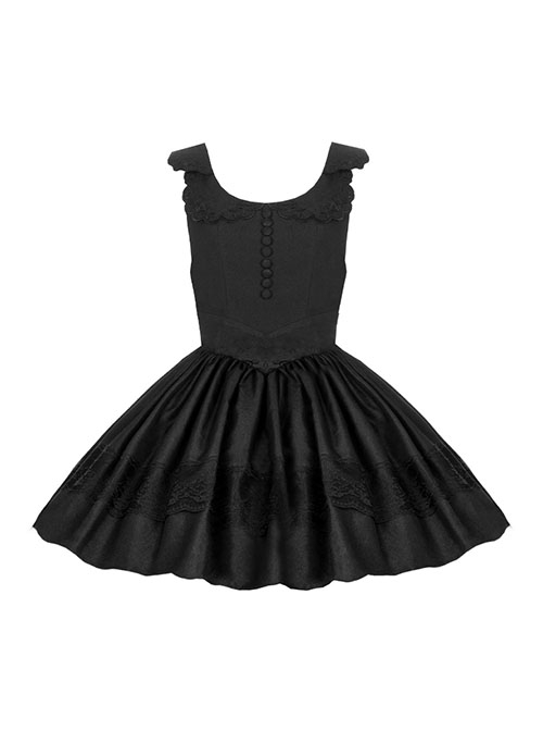 Night Traveller Series Black Round Neck Lace Ruffle Noble Stylish Classic Lolita Sleeveless Pleated Short Dress