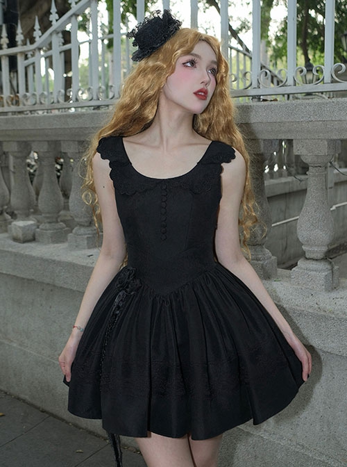 Night Traveller Series Black Round Neck Lace Ruffle Noble Stylish Classic Lolita Sleeveless Pleated Short Dress