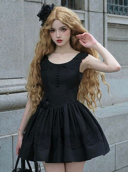 Night Traveller Series Black Round Neck Lace Ruffle Noble Stylish Classic Lolita Sleeveless Pleated Short Dress