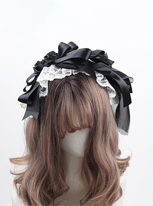 Princess Style Handmade Gorgeous Elegant Black Yarn Ribbon Bowknot White Lace Classic Lolita Hairband