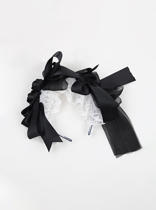 Princess Style Handmade Gorgeous Elegant Black Yarn Ribbon Bowknot White Lace Classic Lolita Hairband