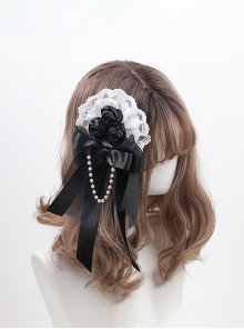 Gorgeous Elegant Lady Handmade Black Ribbon Bowknot Rose Pearl Chain White Lace Classic Lolita Brooch