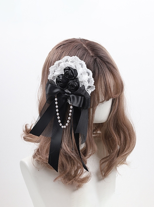 Gorgeous Elegant Lady Handmade Black Ribbon Bowknot Rose Pearl Chain White Lace Classic Lolita Brooch