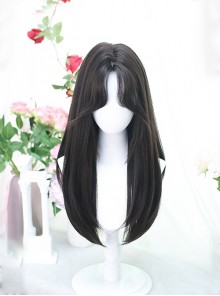 Daily Versatile Black Simulated Commute Mid Split Full Fringe Middle Long Straight Hair Classic Lolita Full Head Wig
