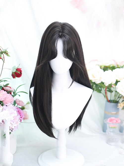 Daily Versatile Black Simulated Commute Mid Split Full Fringe Middle Long Straight Hair Classic Lolita Full Head Wig