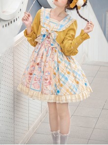 Cat Holiday Series Print Daily Yellow Blue Plaid Doll Collar Cute Bowknot Bag Sweet Lolita False Two Piece Suit Dress