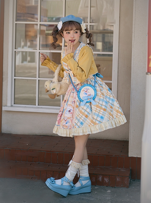 Cat Holiday Series Print Daily Yellow Blue Plaid Doll Collar Cute Bowknot Bag Sweet Lolita False Two Piece Suit Dress