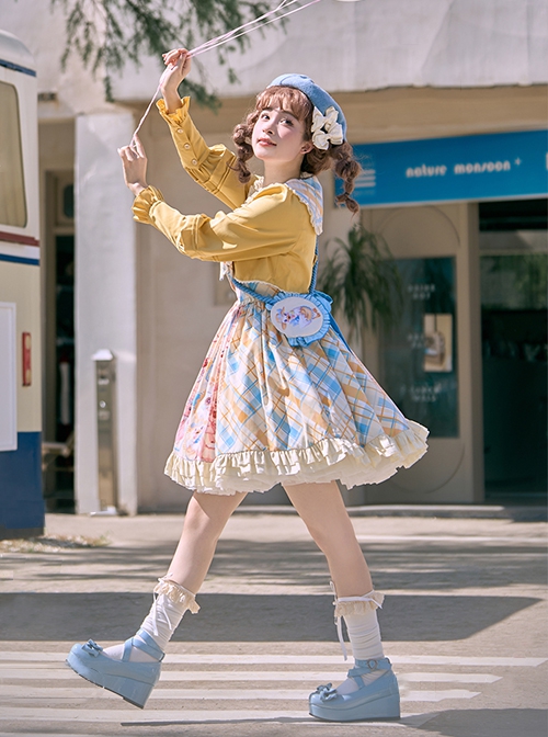 Cat Holiday Series Print Daily Yellow Blue Plaid Doll Collar Cute Bowknot Bag Sweet Lolita False Two Piece Suit Dress