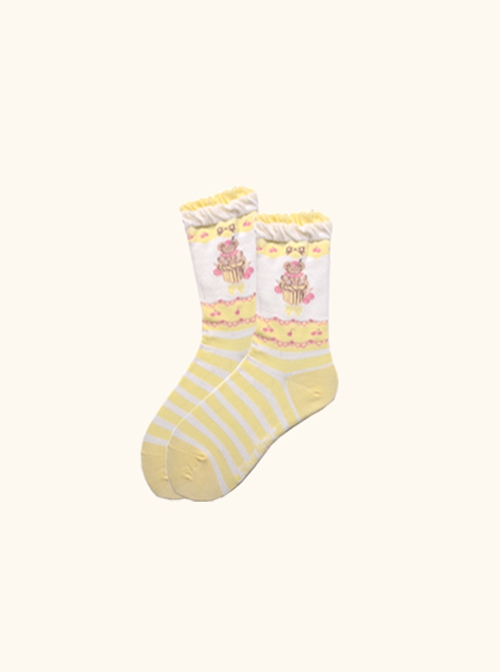 Japanese Style Cute Bear Cake Stripe Print Versatile Daily Cotton Uniformed Fairytale Sweet Lolita Socks