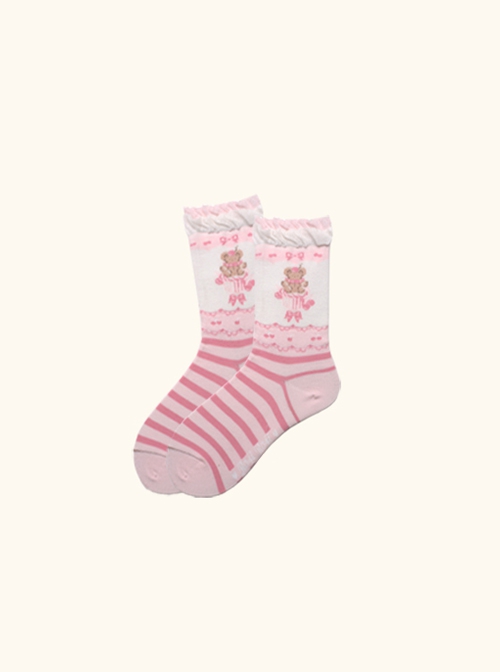 Japanese Style Cute Bear Cake Stripe Print Versatile Daily Cotton Uniformed Fairytale Sweet Lolita Socks