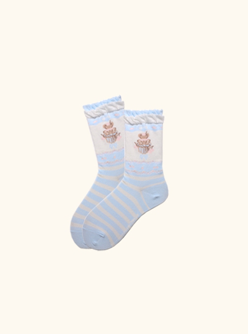 Japanese Style Cute Bear Cake Stripe Print Versatile Daily Cotton Uniformed Fairytale Sweet Lolita Socks