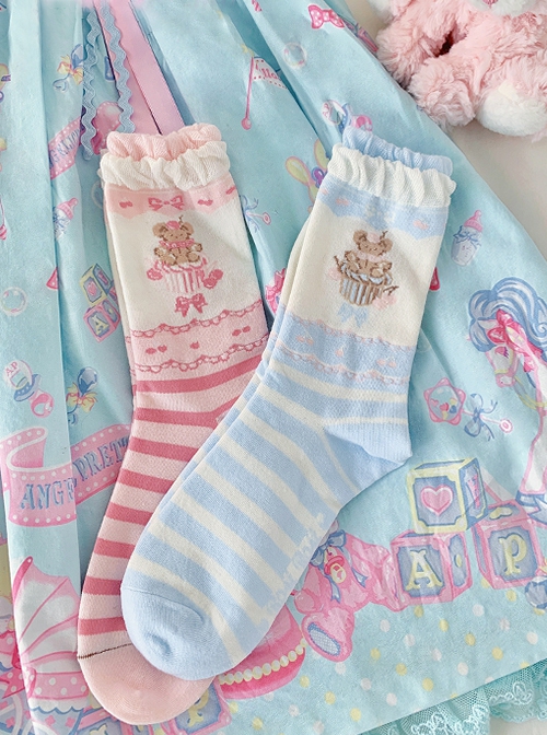 Japanese Style Cute Bear Cake Stripe Print Versatile Daily Cotton Uniformed Fairytale Sweet Lolita Socks