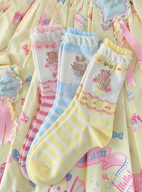 Japanese Style Cute Bear Cake Stripe Print Versatile Daily Cotton Uniformed Fairytale Sweet Lolita Socks