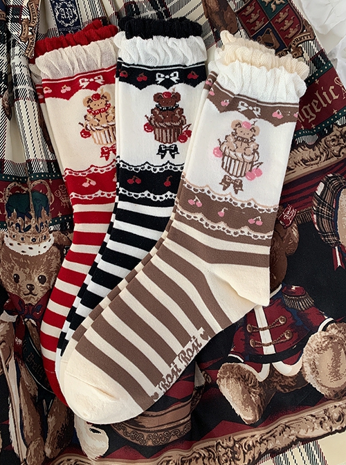 Japanese Style Cute Bear Cake Stripe Print Versatile Daily Cotton Uniformed Fairytale Sweet Lolita Socks