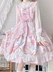 Light Color Garland Bunny Print Big Tailed Trawler Mesh Yarn Dreamlike Summer Sweet Lolita Halter Neck Sleeveless Dress