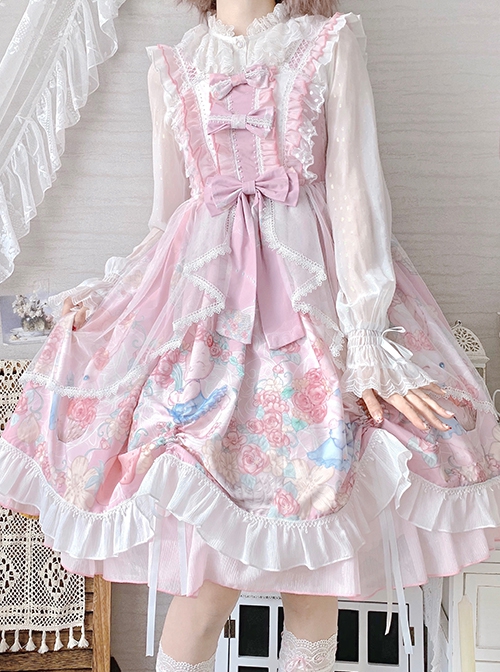 Light Color Garland Bunny Print Big Tailed Trawler Mesh Yarn Dreamlike Summer Sweet Lolita Halter Neck Sleeveless Dress