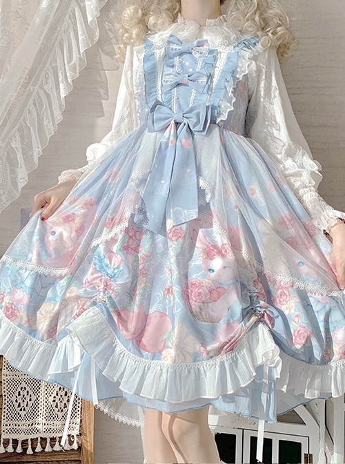 Light Color Garland Bunny Print Big Tailed Trawler Mesh Yarn Dreamlike Summer Sweet Lolita Halter Neck Sleeveless Dress