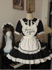 Little Maid Series Daily Versatile Solid Color Ruffled Sweet Lolita White Heart Shape Apron Headband Puff Sleeve Dress