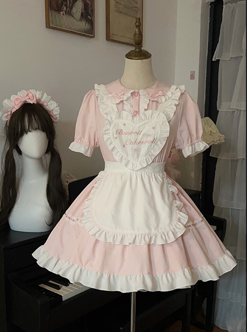 Little Maid Series Daily Versatile Solid Color Ruffled Sweet Lolita White Heart Shape Apron Headband Puff Sleeve Dress