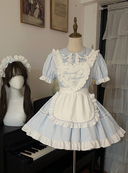 Little Maid Series Daily Versatile Solid Color Ruffled Sweet Lolita White Heart Shape Apron Headband Puff Sleeve Dress