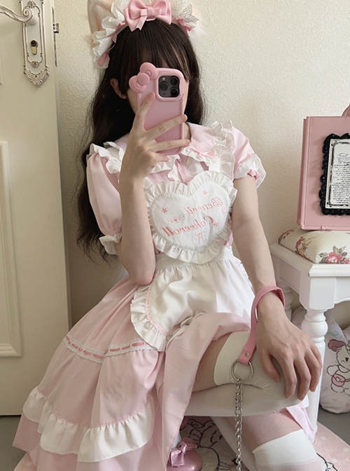 Little Maid Series Daily Versatile Solid Color Ruffled Sweet Lolita White Heart Shape Apron Headband Puff Sleeve Dress