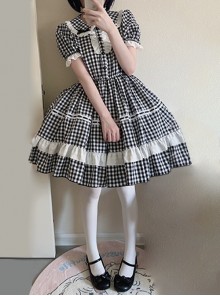 Little Maid Series Daily Small Plaid Print Heart Shape Apron Ruffle Versatile Hairband Sweet Lolita Puff Sleeve Dress