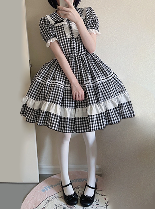 Little Maid Series Daily Small Plaid Print Heart Shape Apron Ruffle Versatile Hairband Sweet Lolita Puff Sleeve Dress