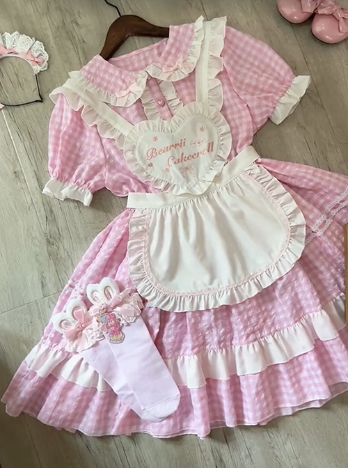 Little Maid Series Daily Small Plaid Print Heart Shape Apron Ruffle Versatile Hairband Sweet Lolita Puff Sleeve Dress