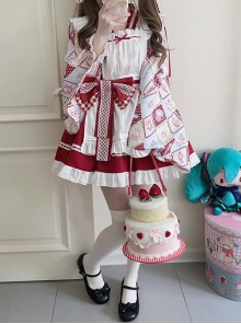 Showa Sweet Pet Series Japanese Style Cute Checkered Pattern Print Bowknot Sweet Lolita Maid Apron Shirt Skirt Set