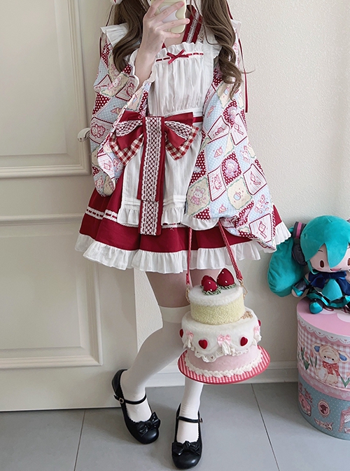 Showa Sweet Pet Series Japanese Style Cute Checkered Pattern Print Bowknot Sweet Lolita Maid Apron Shirt Skirt Set