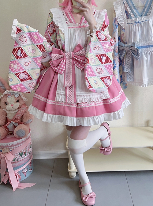 Showa Sweet Pet Series Japanese Style Cute Checkered Pattern Print Bowknot Sweet Lolita Maid Apron Shirt Skirt Set