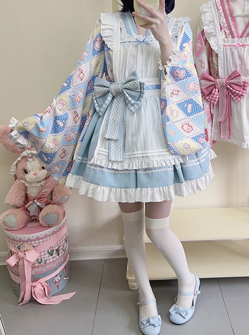 Showa Sweet Pet Series Japanese Style Cute Checkered Pattern Print Bowknot Sweet Lolita Maid Apron Shirt Skirt Set