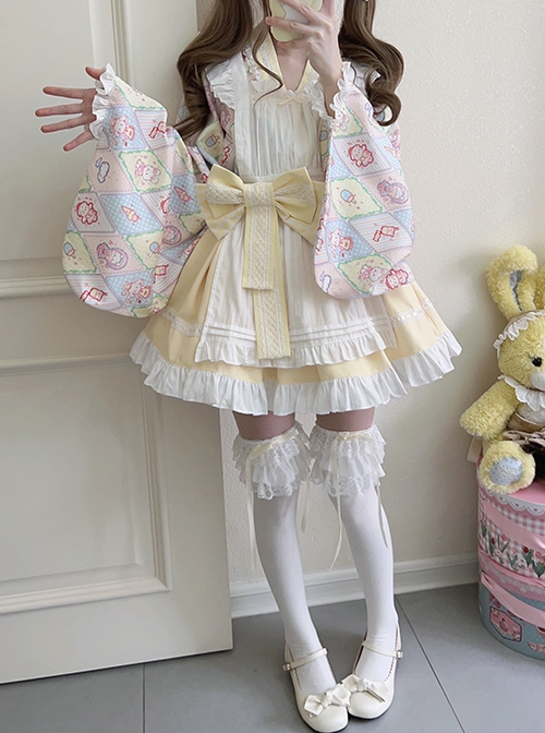 Showa Sweet Pet Series Japanese Style Cute Checkered Pattern Print Bowknot Sweet Lolita Maid Apron Shirt Skirt Set