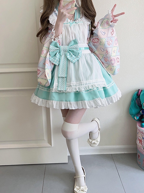 Showa Sweet Pet Series Japanese Style Cute Checkered Pattern Print Bowknot Sweet Lolita Maid Apron Shirt Skirt Set