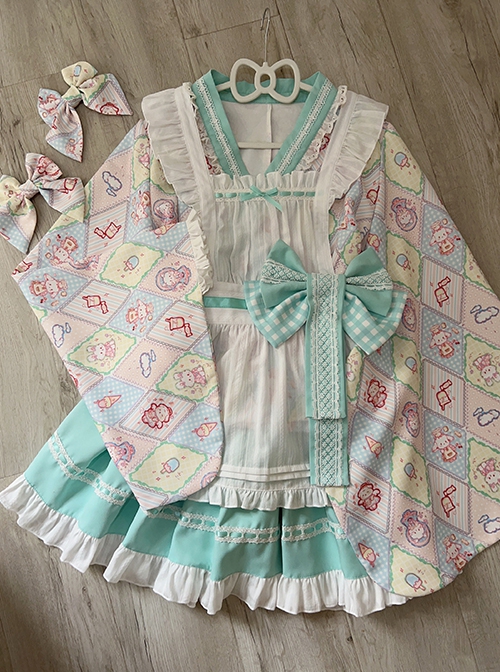 Showa Sweet Pet Series Japanese Style Cute Checkered Pattern Print Bowknot Sweet Lolita Maid Apron Shirt Skirt Set