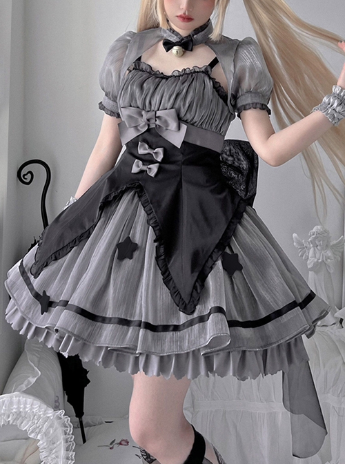 Magic Star Series Magical Girl Sweet Lolita Bowknot Yarn Puff Sleeve Little Coat Bowknot Hairpin Sleeveless Sling Dress Set