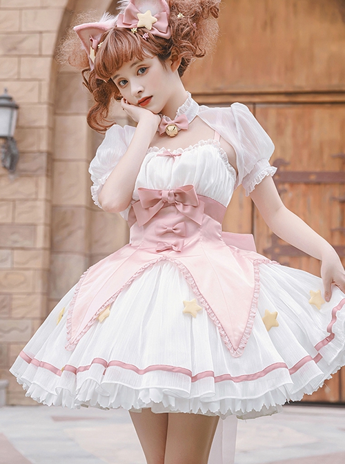 Magic Star Series Magical Girl Sweet Lolita Bowknot Yarn Puff Sleeve Little Coat Bowknot Hairpin Sleeveless Sling Dress Set