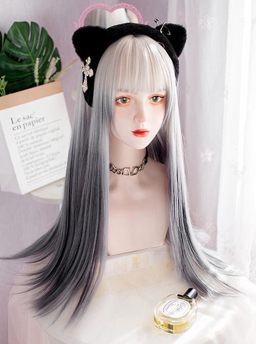 Matte White Gray Gradient Long Straight Hair Dark Y2K Punk Lolita Cyber Alternative Fashion Wig