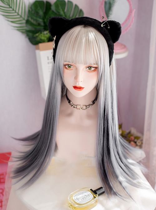 Matte White Gray Gradient Long Straight Hair Dark Y2K Punk Lolita Cyber Alternative Fashion Wig