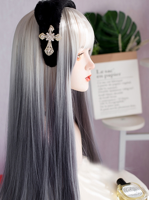 Matte White Gray Gradient Long Straight Hair Dark Y2K Punk Lolita Cyber Alternative Fashion Wig