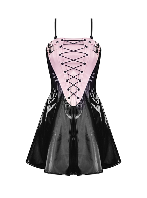 Punk Style Sweet Cool Cross Strap Sexy Suspender Tube Top Shiny PU Leather Black And Pink Mini Dress