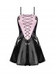 Punk Style Sweet Cool Cross Strap Sexy Suspender Tube Top Shiny PU Leather Black And Pink Mini Dress