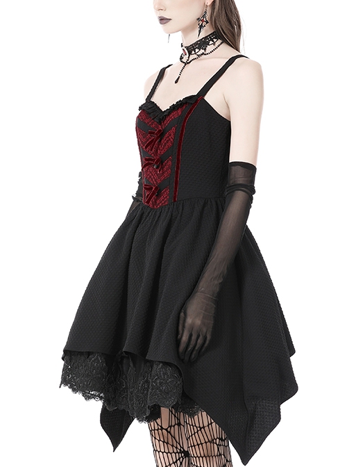 Gothic Style Retro Lace Neckline Red Velvet Bowknot Decoration Elegant Suspender Black Short Dress