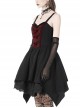 Gothic Style Retro Lace Neckline Red Velvet Bowknot Decoration Elegant Suspender Black Short Dress