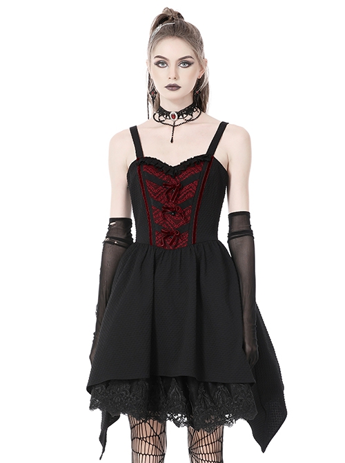 Gothic Style Retro Lace Neckline Red Velvet Bowknot Decoration Elegant Suspender Black Short Dress
